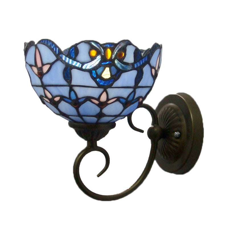 Bowl Wall Mount Light With Curved Arm - 1 Stained Glass Victorian Sconce In Brown/Blue