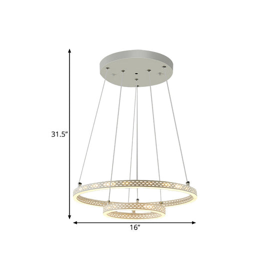 White Metallic Led Minimalist Pendant Chandelier - 2-Tier Hoop Dining Room Down Lighting