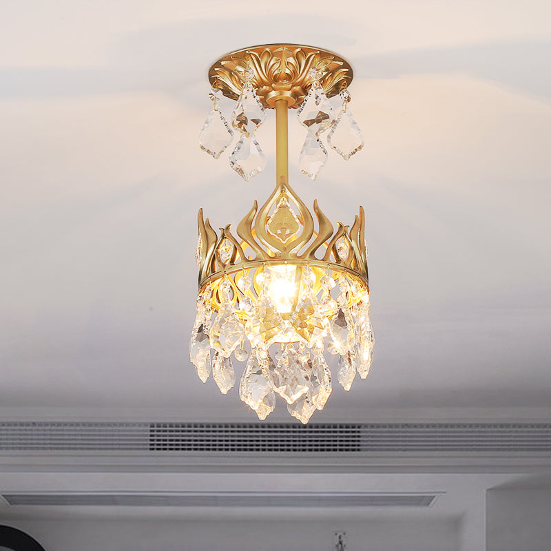 Gold Crown Raindrop Crystal Pendant Lamp Modern 1-Bulb Light Fixture For Restaurants