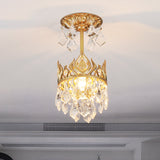 Gold Crown Raindrop Crystal Pendant Lamp Modern 1-Bulb Light Fixture For Restaurants