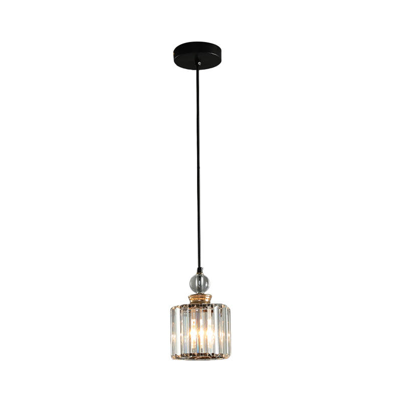 Modern Black Cylinder Pendant Lamp Kit With Crystal Prisms Shade - 1/3-Head Ceiling