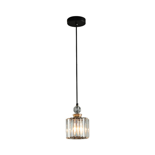 Modern Black Cylinder Pendant Lamp Kit With Crystal Prisms Shade - 1/3-Head Ceiling