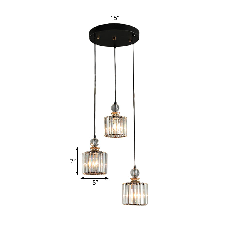 Modern Black Cylinder Pendant Lamp Kit With Crystal Prisms Shade - 1/3-Head Ceiling