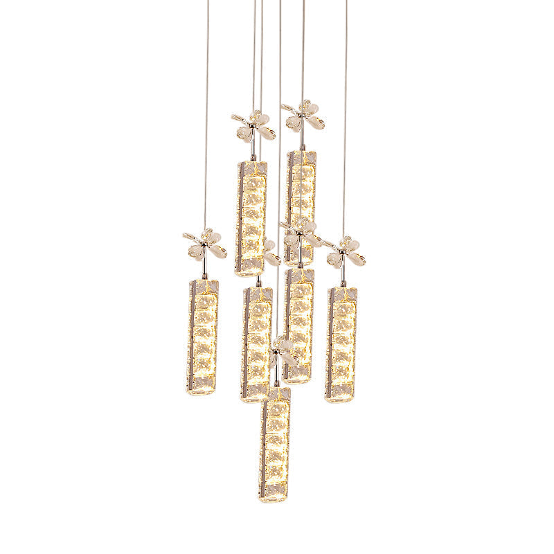 Modern Led Crystal Pendant Light With Chrome Canopy - Linear And Flower Drop Design