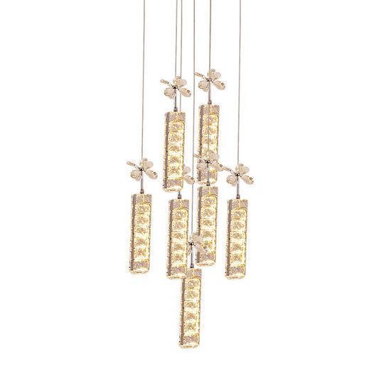 Modern Led Crystal Pendant Light With Chrome Canopy - Linear And Flower Drop Design