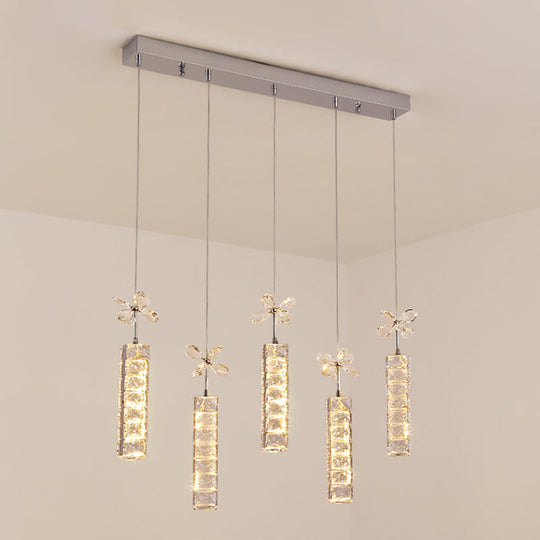 Modern Led Crystal Pendant Light With Chrome Canopy - Linear And Flower Drop Design