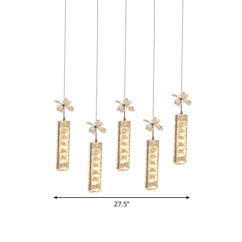 Modern Led Crystal Pendant Light With Chrome Canopy - Linear And Flower Drop Design