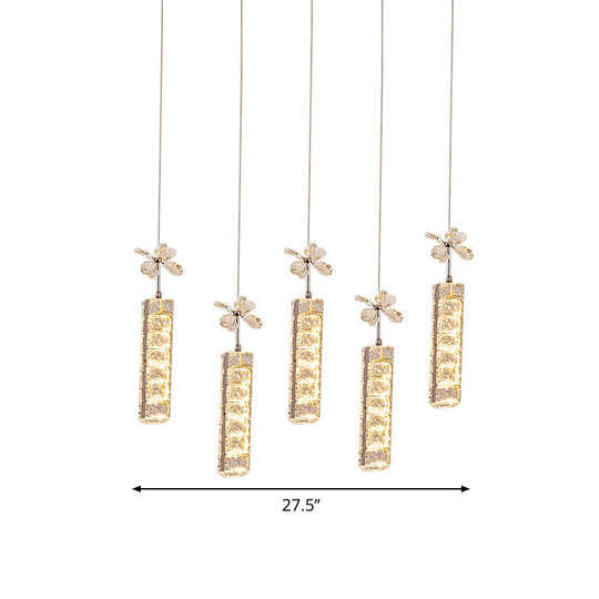 Modern Led Crystal Pendant Light With Chrome Canopy - Linear And Flower Drop Design