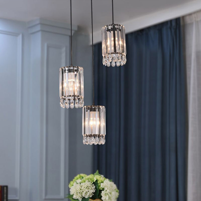 Black Cylinder Crystal Prisms Pendant Light - Minimalist Down Lighting 3 Heads 18/27 Wide / Linear