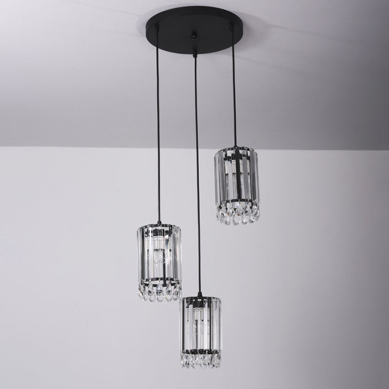 Minimalist Black Multi Pendant Light With Crystal Prisms Cylinder Design And 3 Heads - Available In