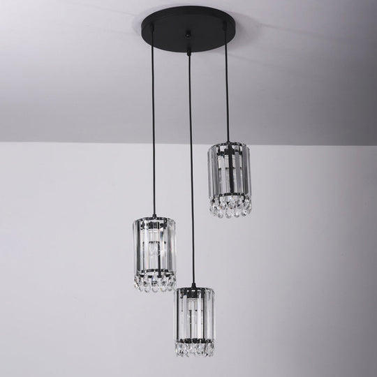 Minimalist Black Multi Pendant Light With Crystal Prisms Cylinder Design And 3 Heads - Available In