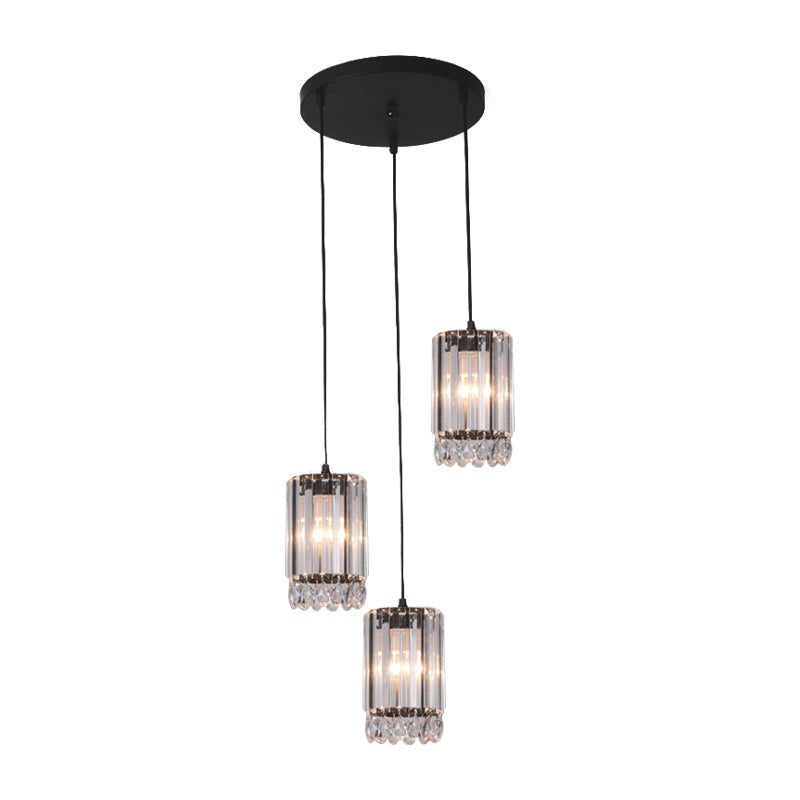 Minimalist Black Multi Pendant Light With Crystal Prisms Cylinder Design And 3 Heads - Available In