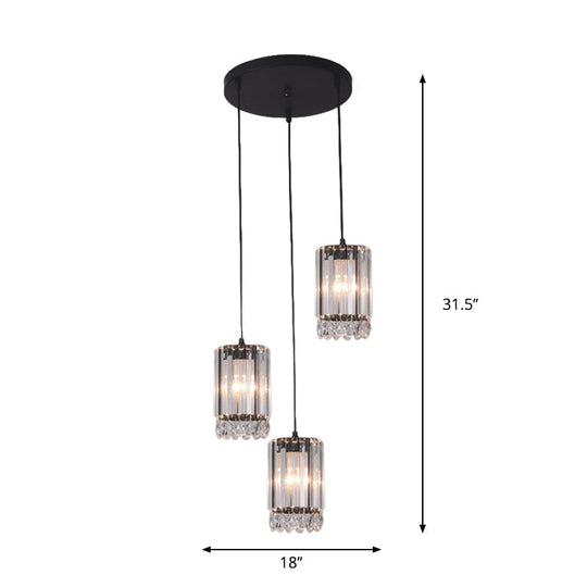 Black Cylinder Crystal Prisms Pendant Light - Minimalist Down Lighting 3 Heads 18/27 Wide