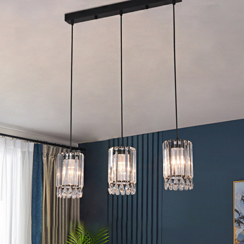 Black Cylinder Crystal Prisms Pendant Light - Minimalist Down Lighting 3 Heads 18/27 Wide