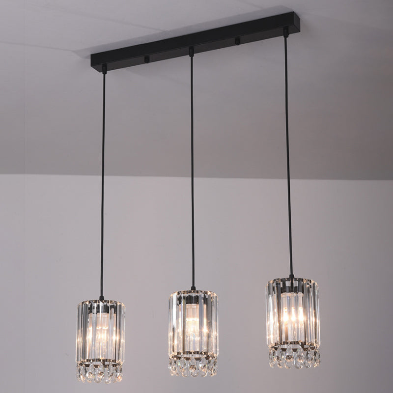Black Cylinder Crystal Prisms Pendant Light - Minimalist Down Lighting 3 Heads 18/27 Wide
