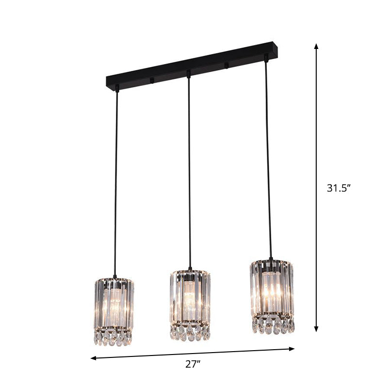 Minimalist Black Multi Pendant Light With Crystal Prisms Cylinder Design And 3 Heads - Available In