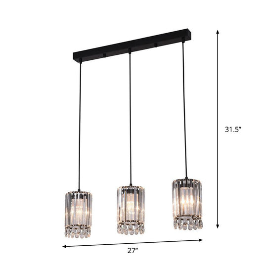 Minimalist Black Multi Pendant Light With Crystal Prisms Cylinder Design And 3 Heads - Available In