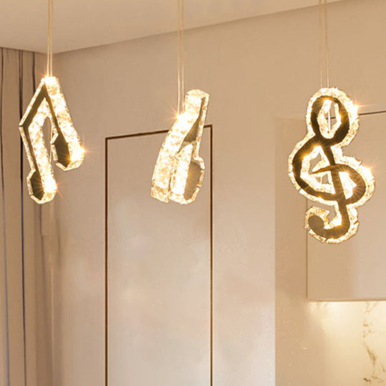 Minimalist Cut Crystal Led Pendant Light With Musical Note Suspension - Stainless Steel Lamp