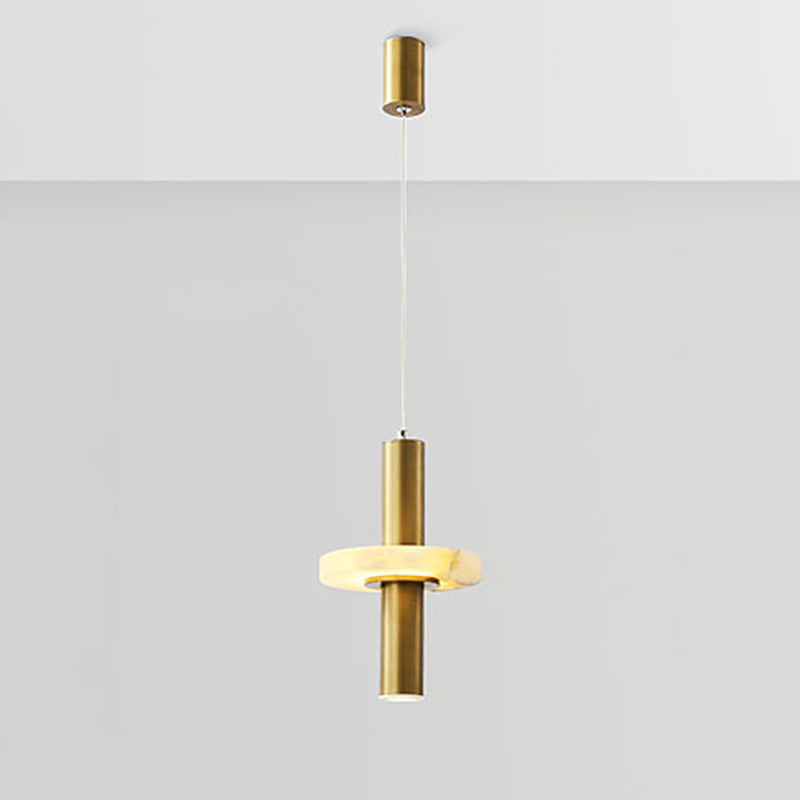 Modern Aluminum Led Pendant Light Fixture In Gold With Marble Ring Deco - Elegant Dining Room
