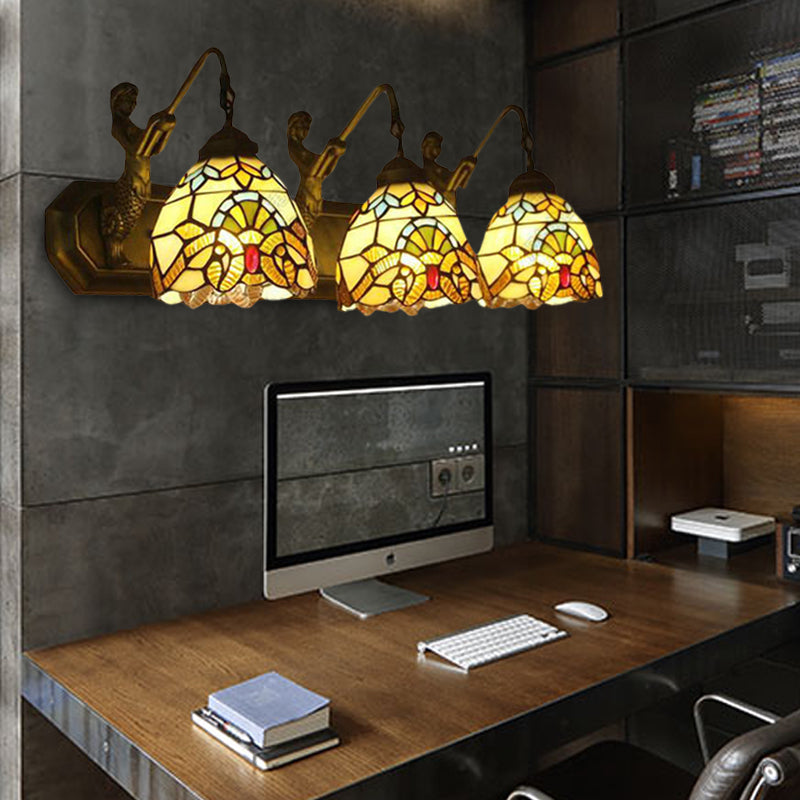 Mermaid/Arc Arm Baroque Style Stained Glass Wall Sconce Light Fixture With 3 Dome Lights - Brown