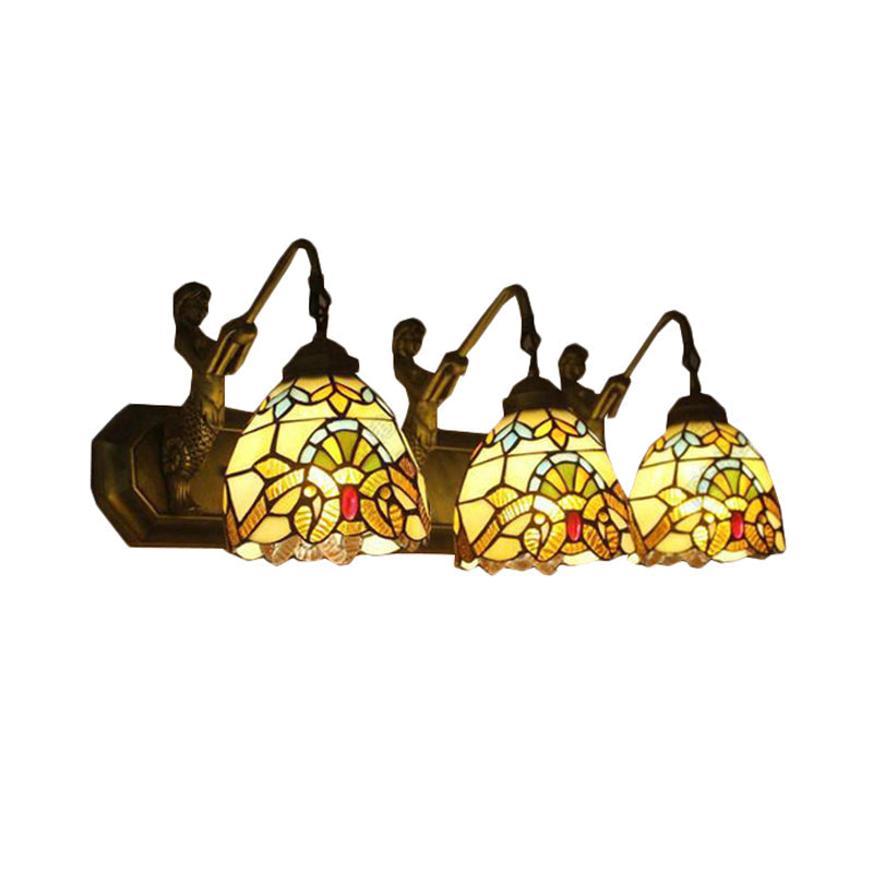 Mermaid/Arc Arm Baroque Style Stained Glass Wall Sconce Light Fixture With 3 Dome Lights - Brown