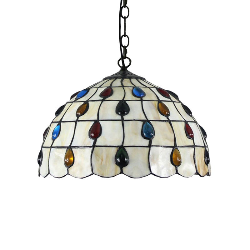 Tiffany Beige Stained Glass Stair Pendant Light With Beaded Shade