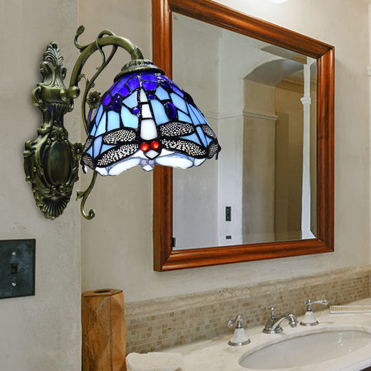 Dragonfly Stained Glass Sconce Light - Rustic Wall Mount In Blue/Orange For Bedroom