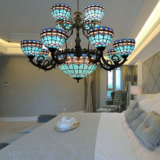 Tiffany Style Blue Chandelier With Floral And Domed Ceiling Light - Perfect For Dining Room Decor