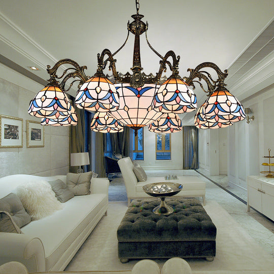 Dome Chandelier With Stained Glass Tiffany Pendant Lighting - Multi Light Metal Chain Blue