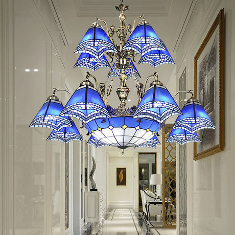 Tiffany Stained Glass Mermaid Deco Chandelier Light - Blue 9/14 Lights Pyramid Pendant Lamp For