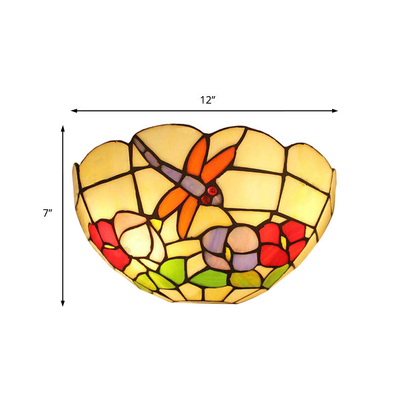 Dragonfly Stained Glass Wall Sconce With Double Bulbs And Bowl Shade For Lodge Décor