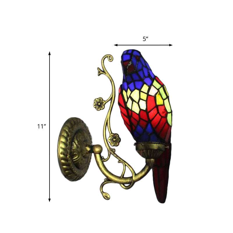 Rustic Vintage Red/Blue Parrot Stained Glass Wall Light Sconce In Brass