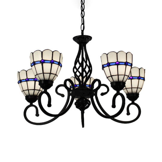 Tiffany Style Stained Glass Chandelier: Curved Arm Pendant Lamp With 5 Yellow/Blue Lights Blue