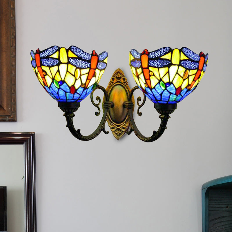 Rustic Dragonfly Wall Light - Vintage 2-Light Stained Glass Fixture In Brass Indoor Lighting