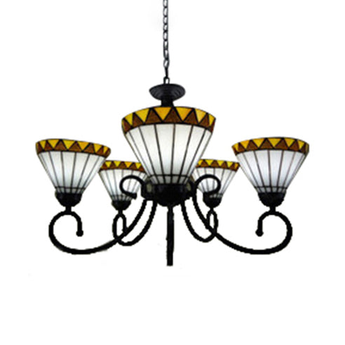 Tiffany Style Stained Glass Chandelier: Curved Arm Pendant Lamp With 5 Yellow/Blue Lights Yellow