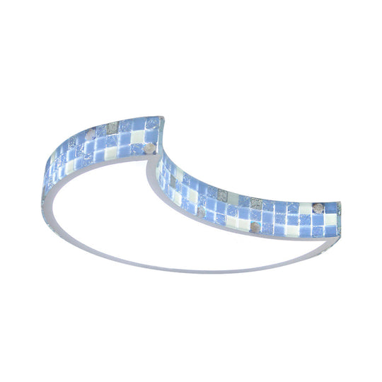 Tiffany Mosaic Glass Moon Flush Light With Led For Bedroom Ceiling Blue