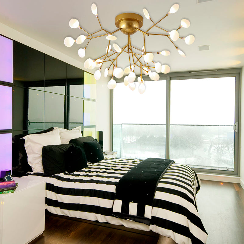 Modern Gold Multi - Head Semi Flush Ceiling Light For Hotels - Creative Plant - Shaped Metal