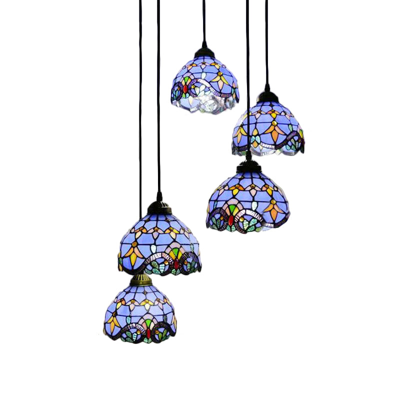 Baroque Style Glass Bell Cascade Pendant Light - Blue/Beige Shade For Dining Room Lighting