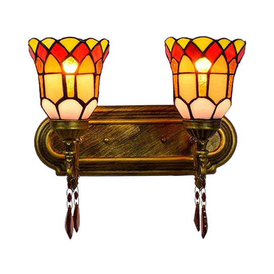 Stained Glass Bell Wall Sconce With Crystal Accents - Rustic Lodge Style In Brass (2 Lights)