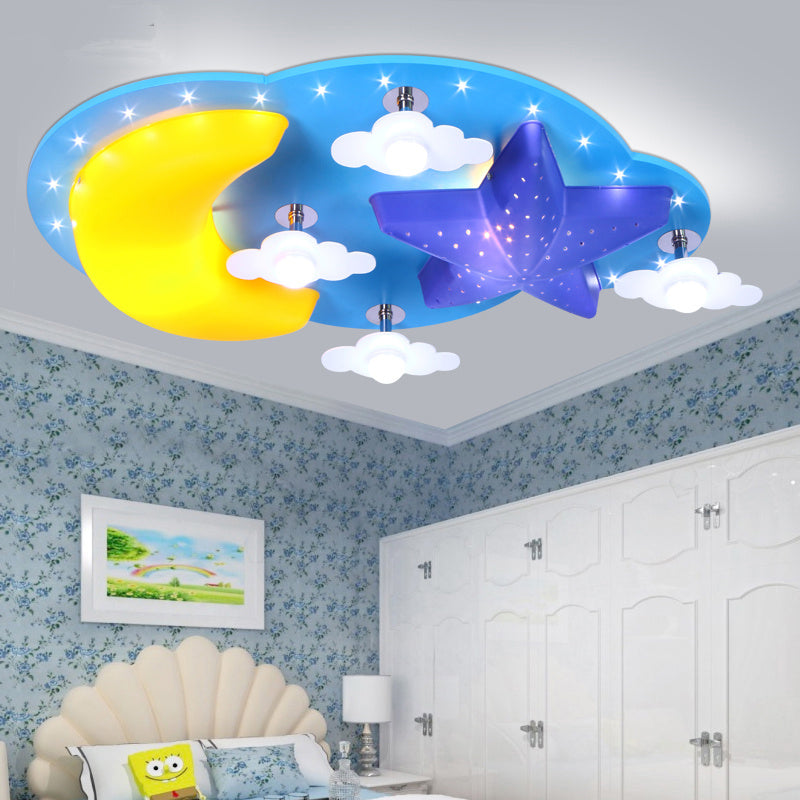 Blue Star Moon Cartoon Wood Ceiling Lamp For Kids Bedroom / C