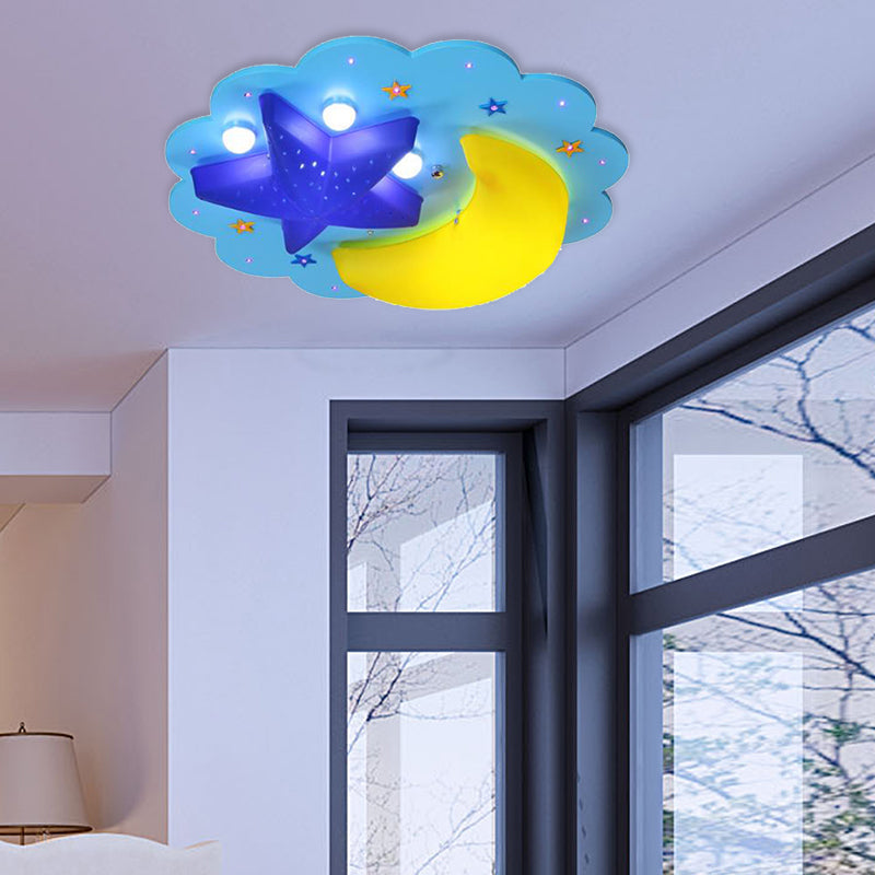 Blue Star Moon Cartoon Wood Ceiling Lamp For Kids Bedroom / A