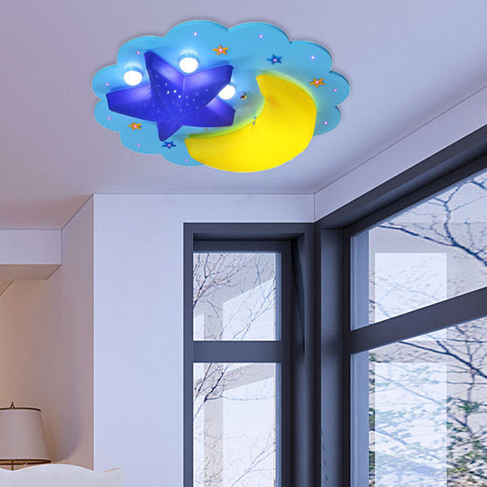 Blue Star Moon Cartoon Wood Ceiling Lamp For Kids Bedroom / A