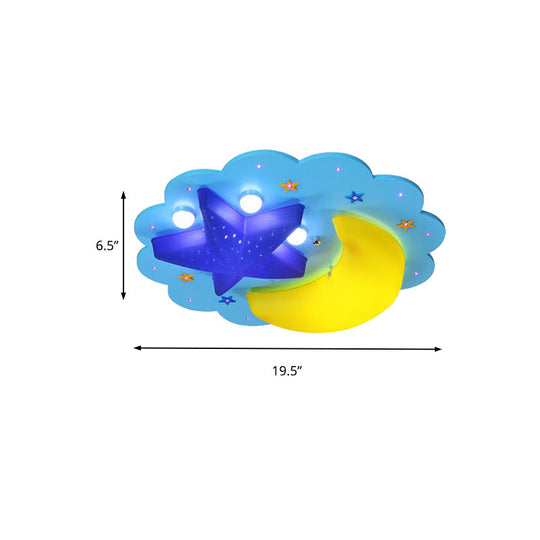 Blue Star Moon Cartoon Wood Ceiling Lamp For Kids Bedroom