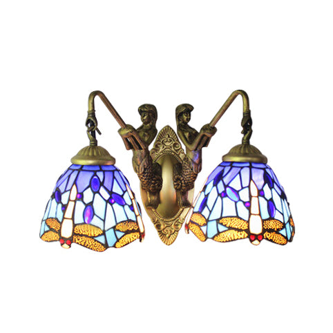 Blue Glass Dragonfly Tiffany Wall Lamp With Pull Chain - 2-Headed Brass Sconce Light