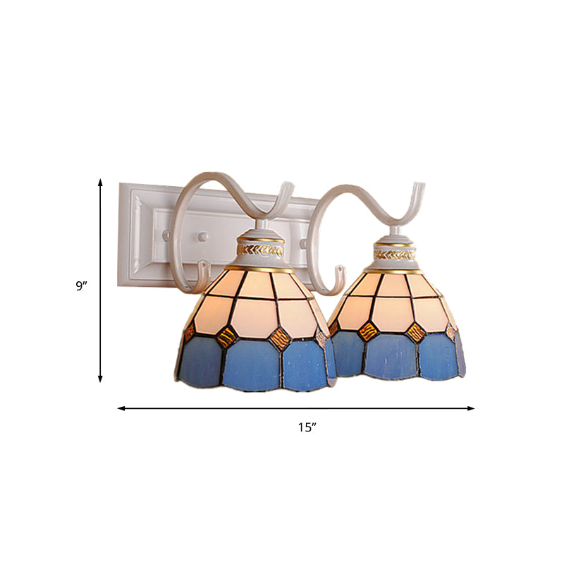 Mediterranean Stained Glass Domed Wall Light Fixture With 2 Lights In White/Black - Perfect For