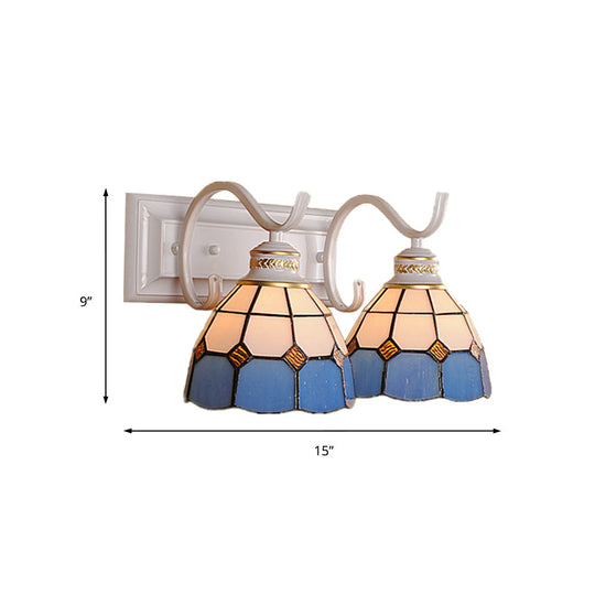 Mediterranean Stained Glass Domed Wall Light Fixture With 2 Lights In White/Black - Perfect For