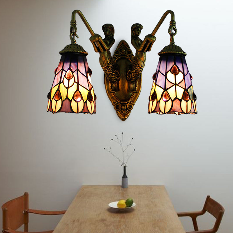 Multicolor Stained Glass Tiffany Wall Sconce Light Fixture With 2 Flared Heads Peacock Tail/Flower