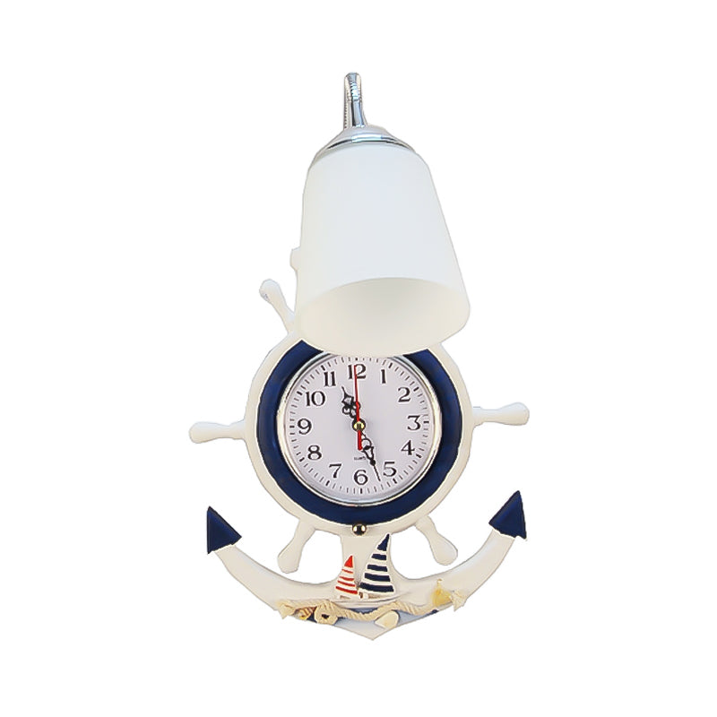 White Glass Bell Sconce Light With Anchor Clock - Mediterranean Wall Lamp For Hotels
