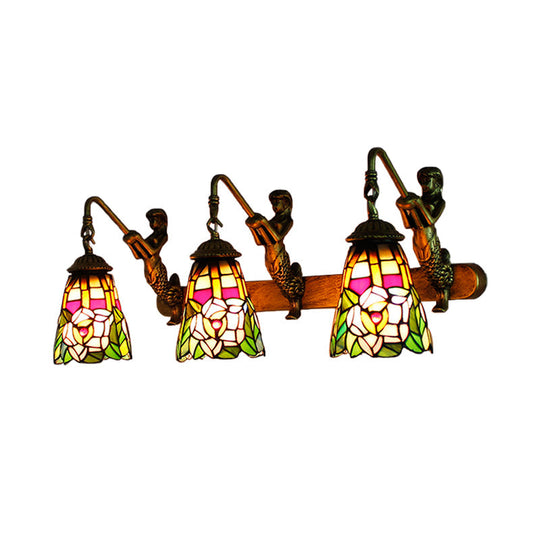 Peacock Stained Glass Wall Sconce With 3 Flared Headlights