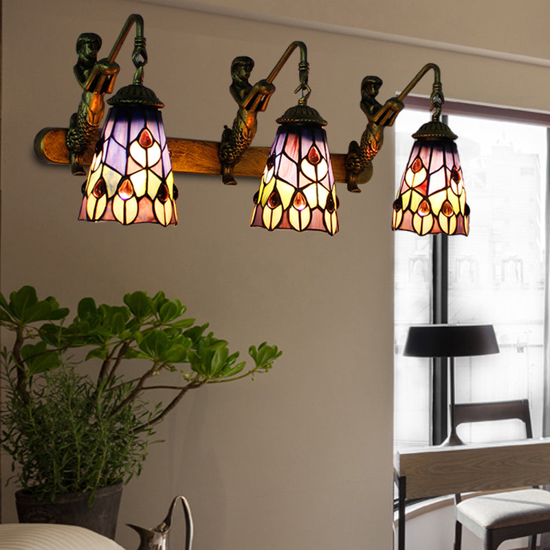 Peacock Stained Glass Wall Sconce With 3 Flared Headlights